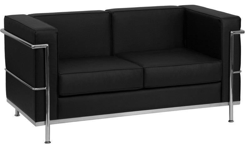 Modern Contemporary Black Leather Loveseat With Encasing Frame