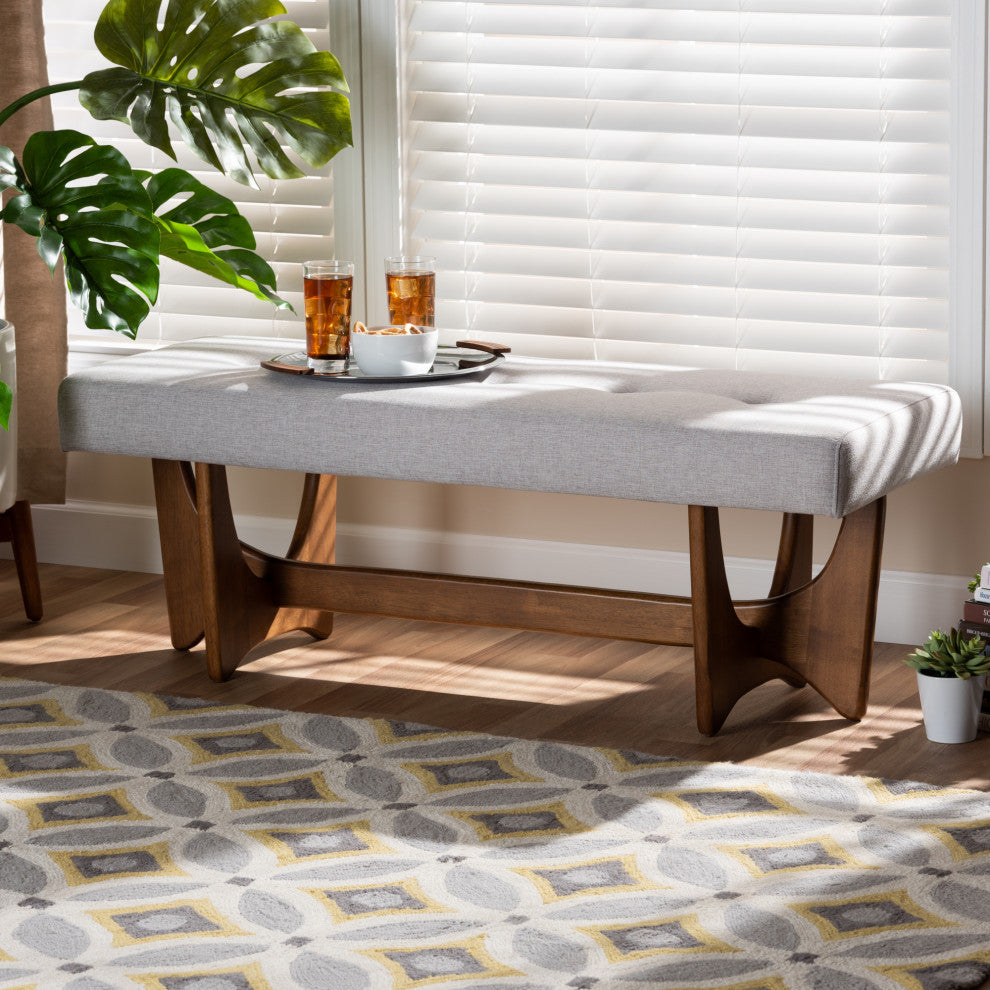 Graeme Grayish Beige Fabric Walnut Bench