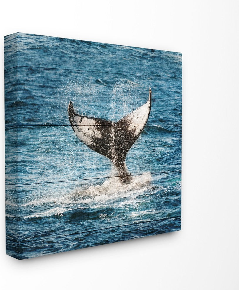 Whale Tail Ocean Splash Planked Look Stretched Canvas Wall Art, 7"x17"
