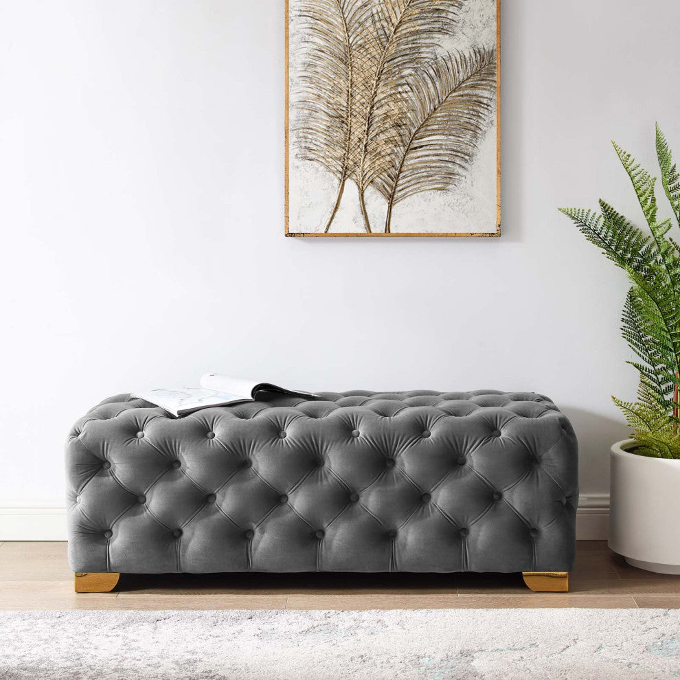 Modern Lounge Accent Chair Bench, Velvet Fabric Metal Steel, Grey Gray