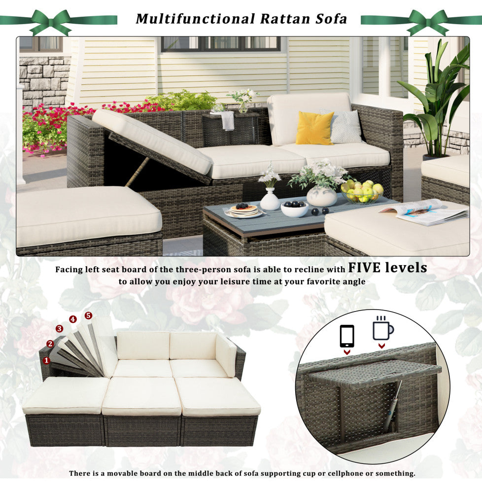 5-Piece Outdoor Wicker Patio Sofa with Ottomans and Lift Top Coffee Table, Gray