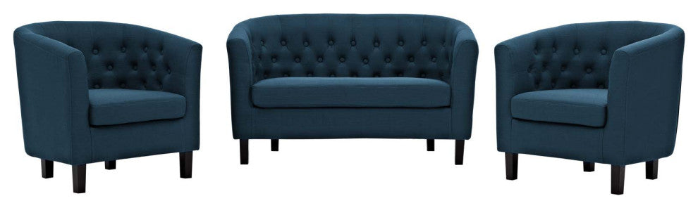 Prospect 3 Piece Upholstered Fabric Loveseat and Armchair Set, Azure