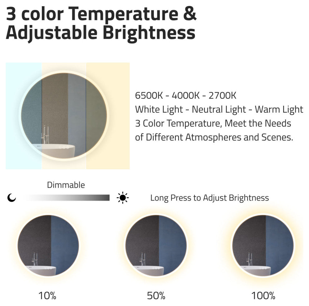 ANZZI 24" Diam. LED Front/Back Lighting Bathroom Mirror With Defogger