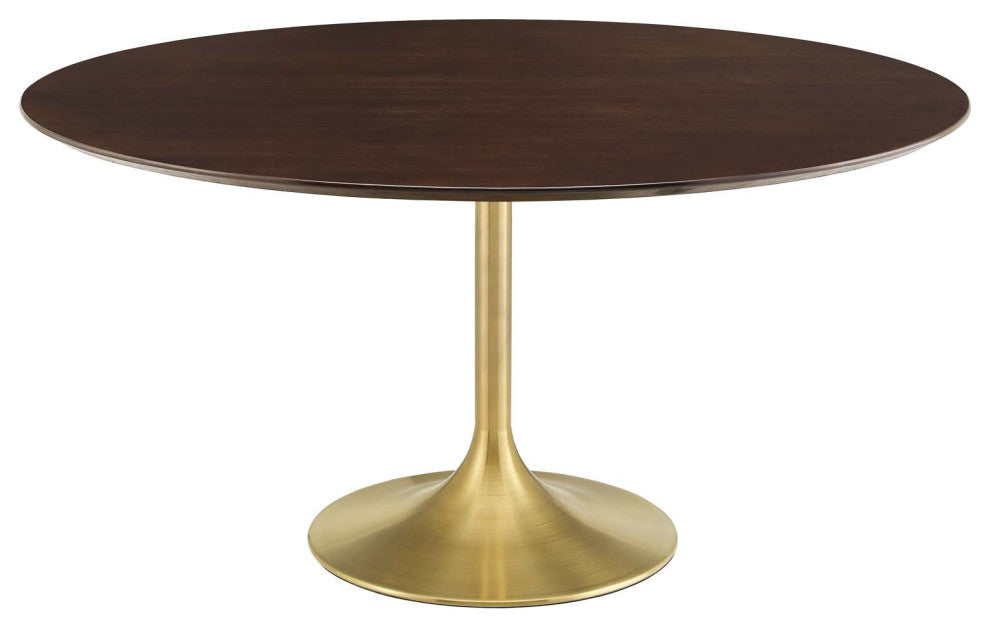Dining Table, Round, Wood, Gold Dark Brown Brown Walnut, Cafe Bistro Restaurant