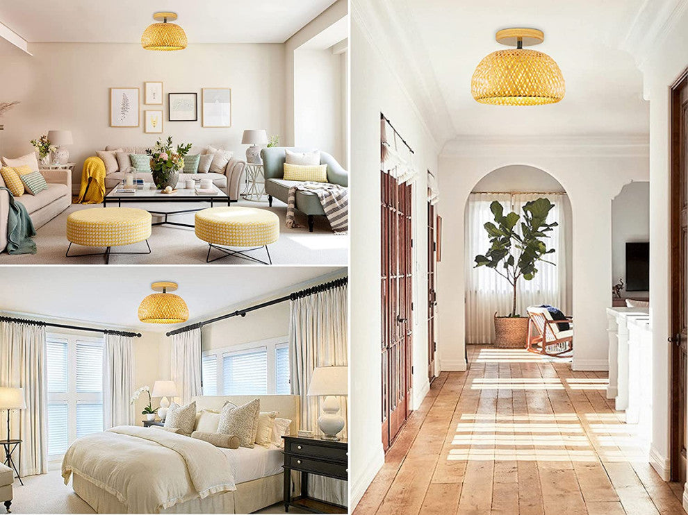 Bamboo Semi Flush Mount Ceiling Lamp, Boho Ceiling Light Fixture