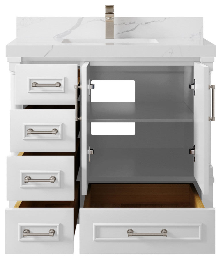 Aberdeen 36 Center Sink Bath Vanity in White 2" Calacatta Laza