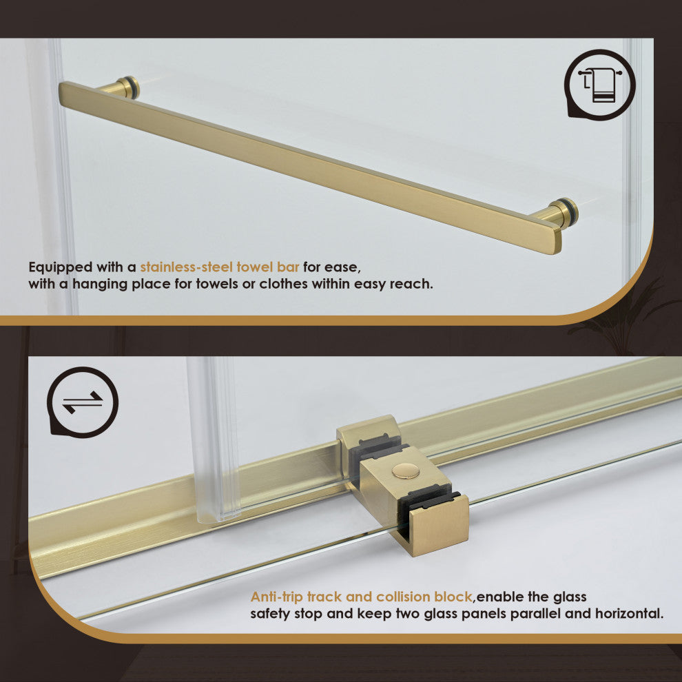 Frameless Exposed Roller Shower Door, Brushed Gold, 60" W X 76" H