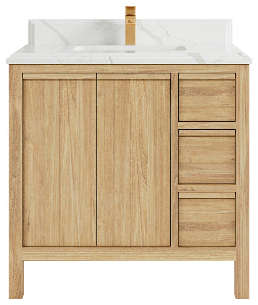 Elizabeth 36 Center Sink Bath Vanity in Light Natural Teak 1.5" Calacatta Laza