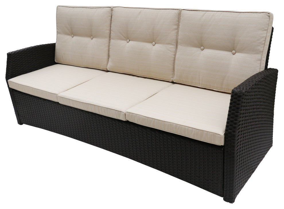 GDF Studio Amigo Outdoor 3-Seater Wicker Sofa With Beige Cushions, Dark Brown/Be