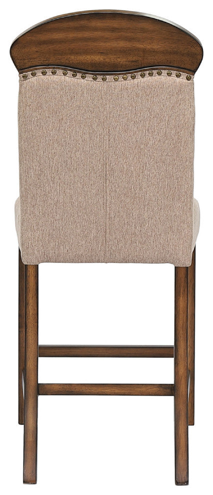 Set of 2 Linen Upholstered Counter Height Chair, Oak Finish