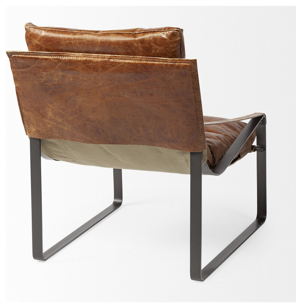 35" Brown and Black Leather Distressed Lounge Chair