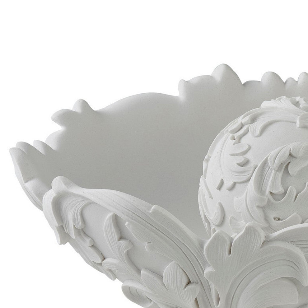 Benzara BM240863 Bowl With Baroque Scroll Design With 2 Spheres, White