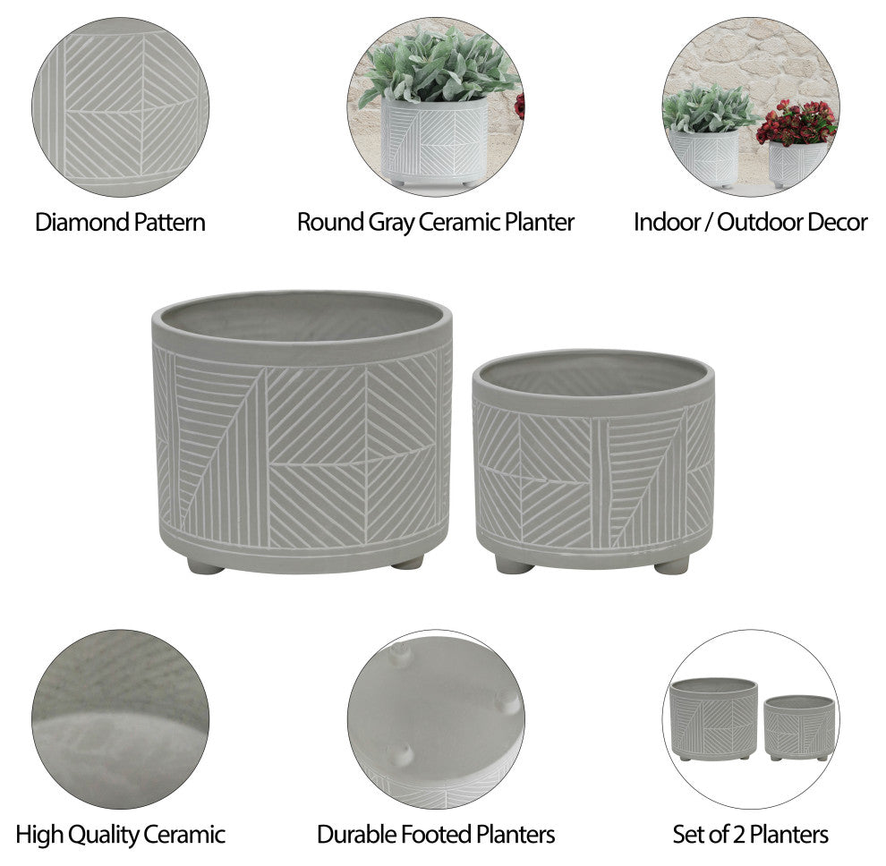 2-Piece Set Ceramic Diamond Footed Planter, Gray