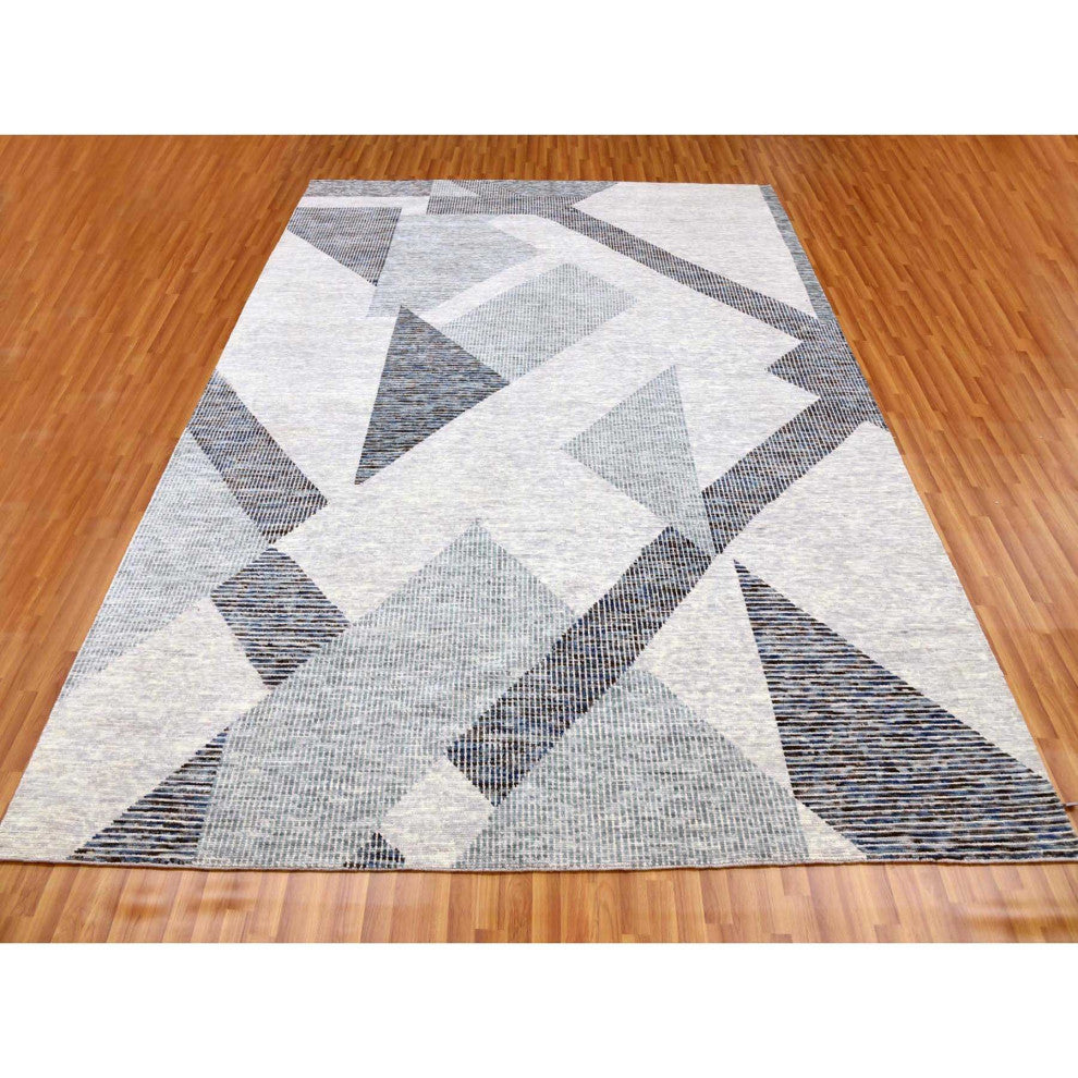 Gray, Geometric Art Nouveau Collection, Pure Wool Hand Knotted Rug, 9'1"x12'3"