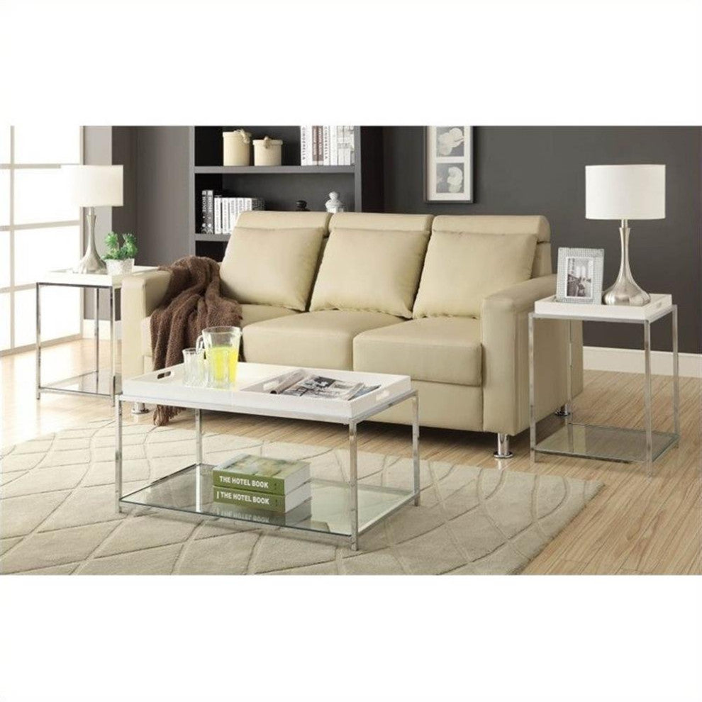 Convenience Concepts Palm Beach Clear Glass Coffee Table With White Trays