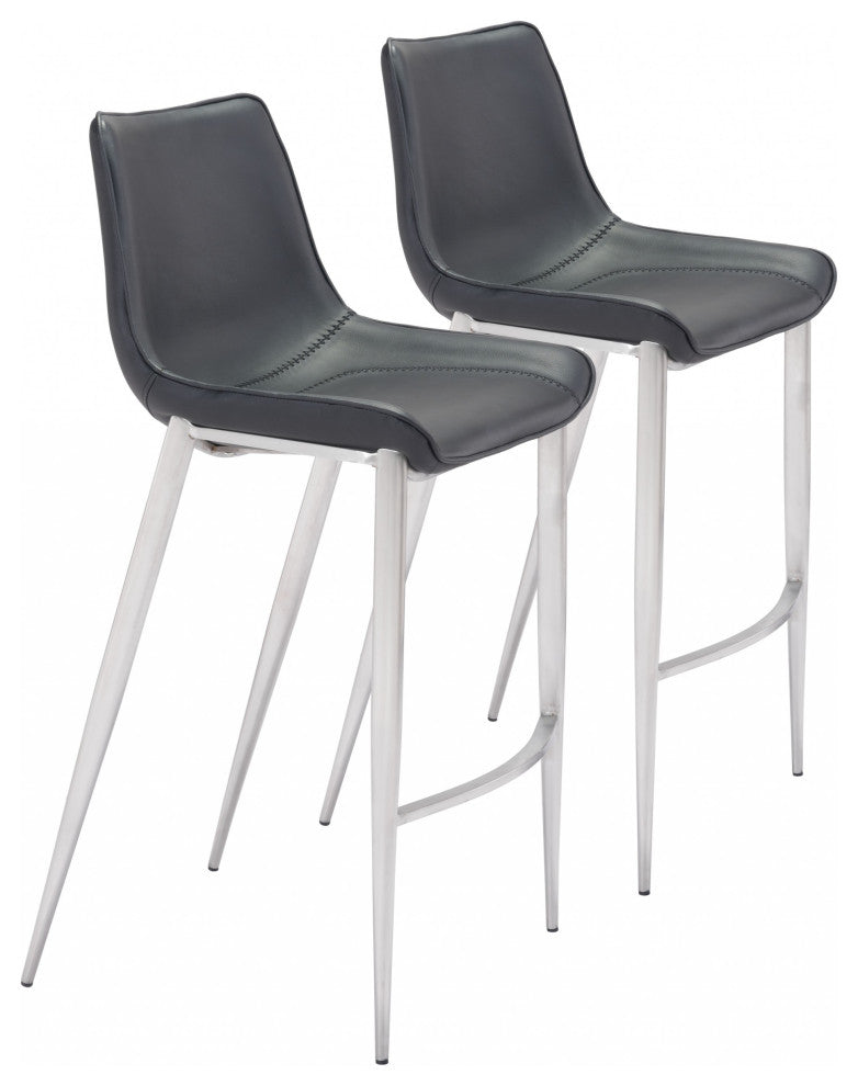 Set of Two Black Faux Leather and Steel Modern Stitch Bucket Bar Chairs
