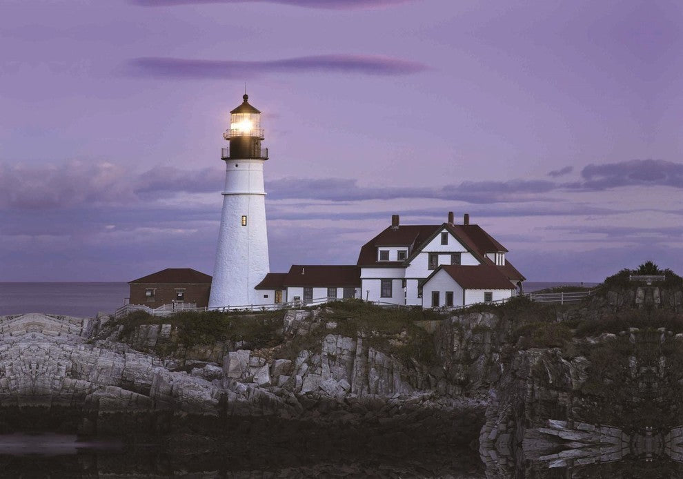 "Coastal Lighthouse Home With Purple Sunset" Canvas Wall Art