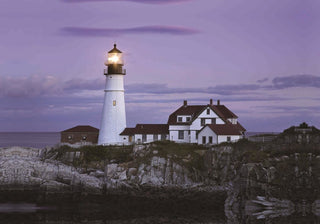"Coastal Lighthouse Home With Purple Sunset" Canvas Wall Art