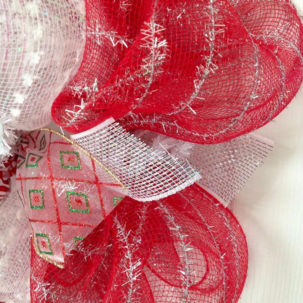 Red, Silver, White Raz Ornament Spray Holiday Handmade Deco Mesh Wreath