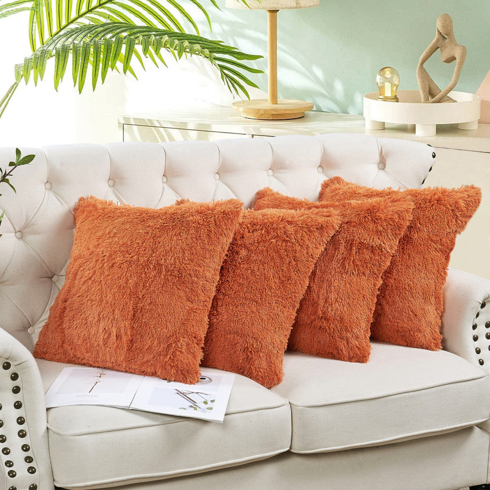 Shaggy Faux Fur Pillow Cover, Burnt Orange, Set of 4, 20"x20"