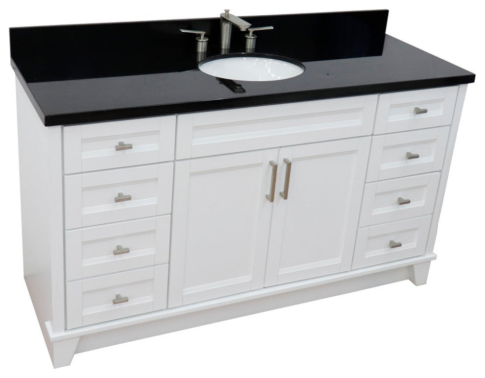 61" Single Sink Vanity, White Finish And Black Galaxy Granite And Oval Sink
