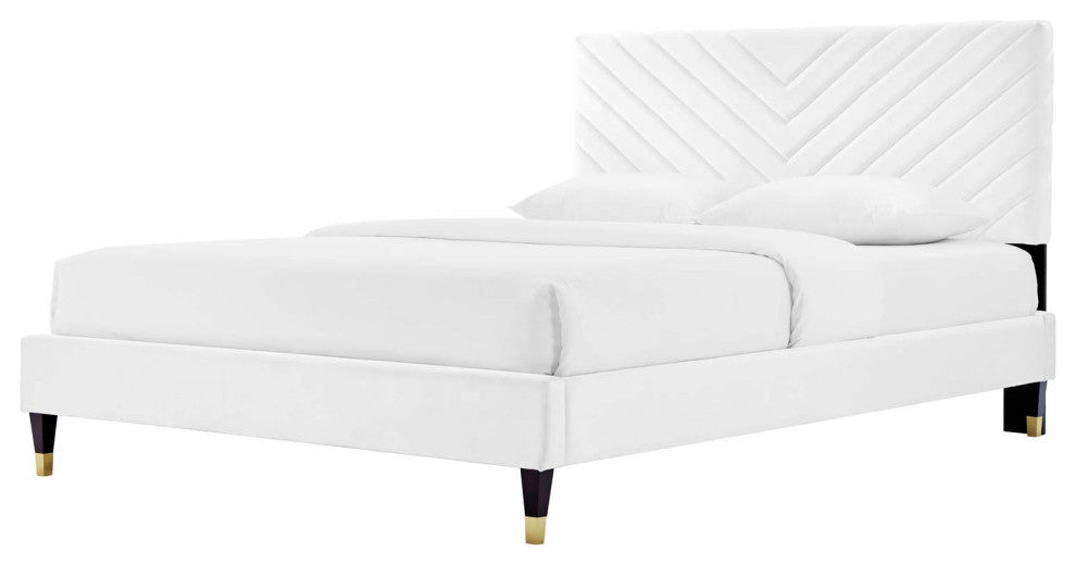 Platform Bed Frame, Queen Size, White, Velvet, Modern, Bedroom Guest Suite