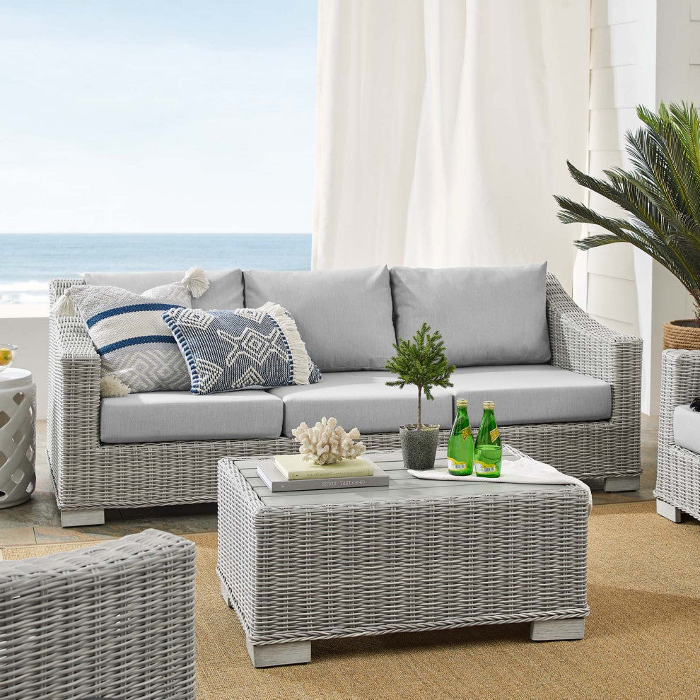 Lounge Sofa Chair Table Set, Rattan, Wicker, Gray, Modern, Outdoor Patio