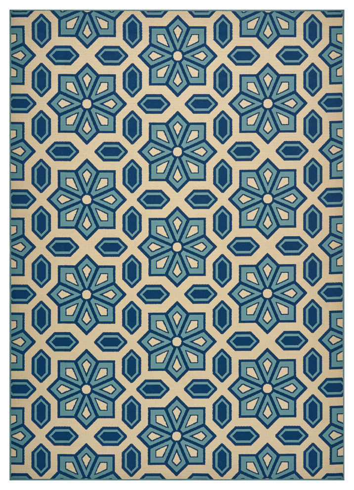 GDF Studio Jacobs Outdoor Geometric  Area Rug, Ivory and Blue, 8'x11'