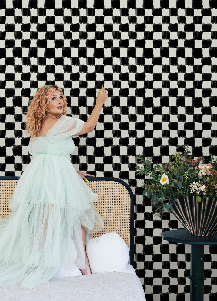 Mr. Kate Tess Watercolor Soft Black Checker Peel and Stick Wallpaper