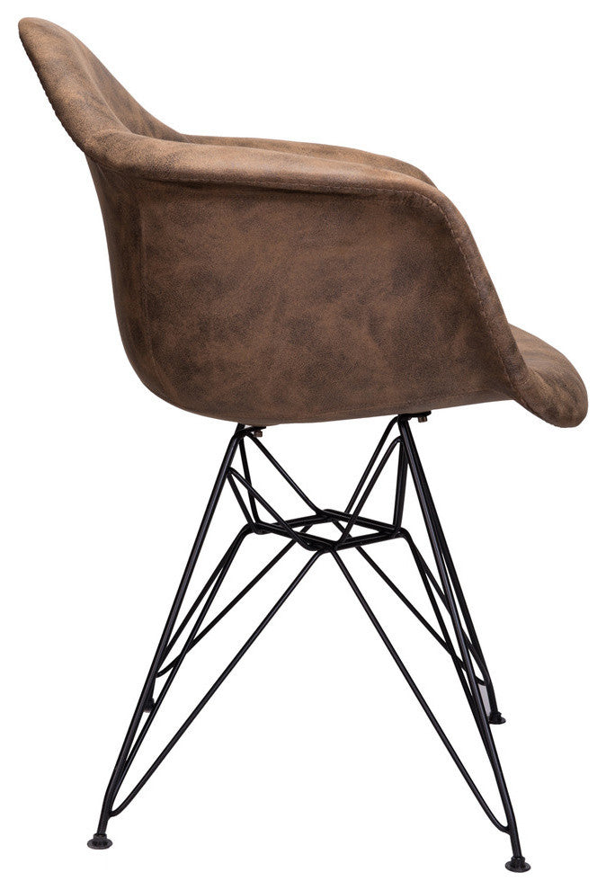 Leatherette Fabric Upholstered DAR Armchair, Black Steel Leg, Dark Brown