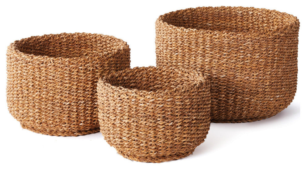 Set of 3 Woven Sea Grass Storage Baskets Cylinder 18 15 12 in Natural Spa Towel