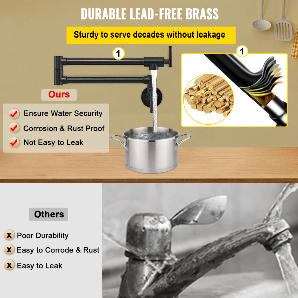 VEVOR Pot Filler Faucet Solid Brass Wall Mount Kitchen Faucet 26.4", Matte Black
