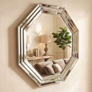 Beveled Multi Faceted Octagons Wall Mirror, 1" Beveled Center, Wood Frame
