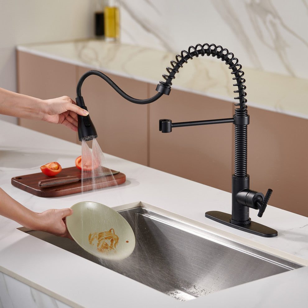 Single Handle Kitchen Sink Faucet Pull-Down Sprayer, 360 Swivel, 3 Functions, Matte Black