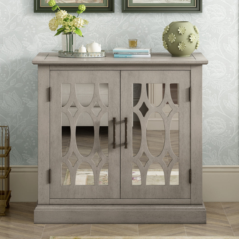 Wood Double Decorative Mirror Door Accent Cabinet, Grey, 30" X 14"