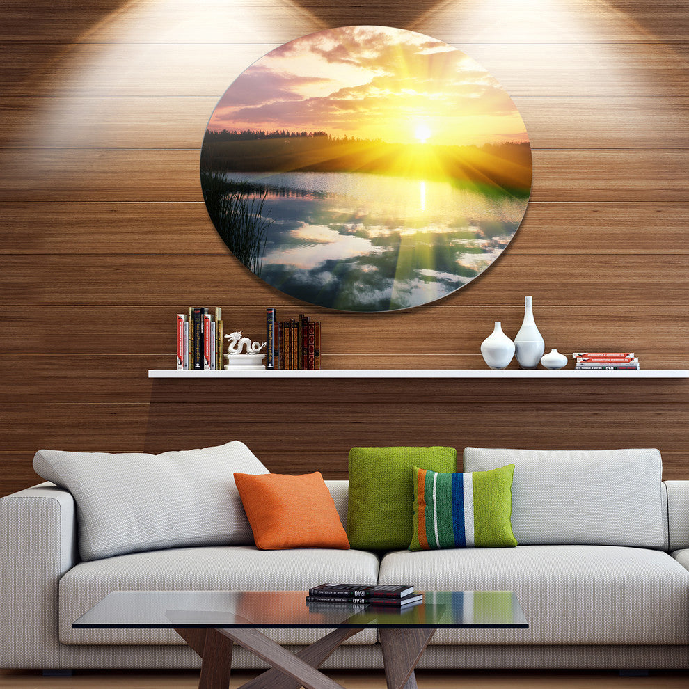 Bright Yellow Sunrise Over Lake, Seashore Disc Metal Wall Art, 23"