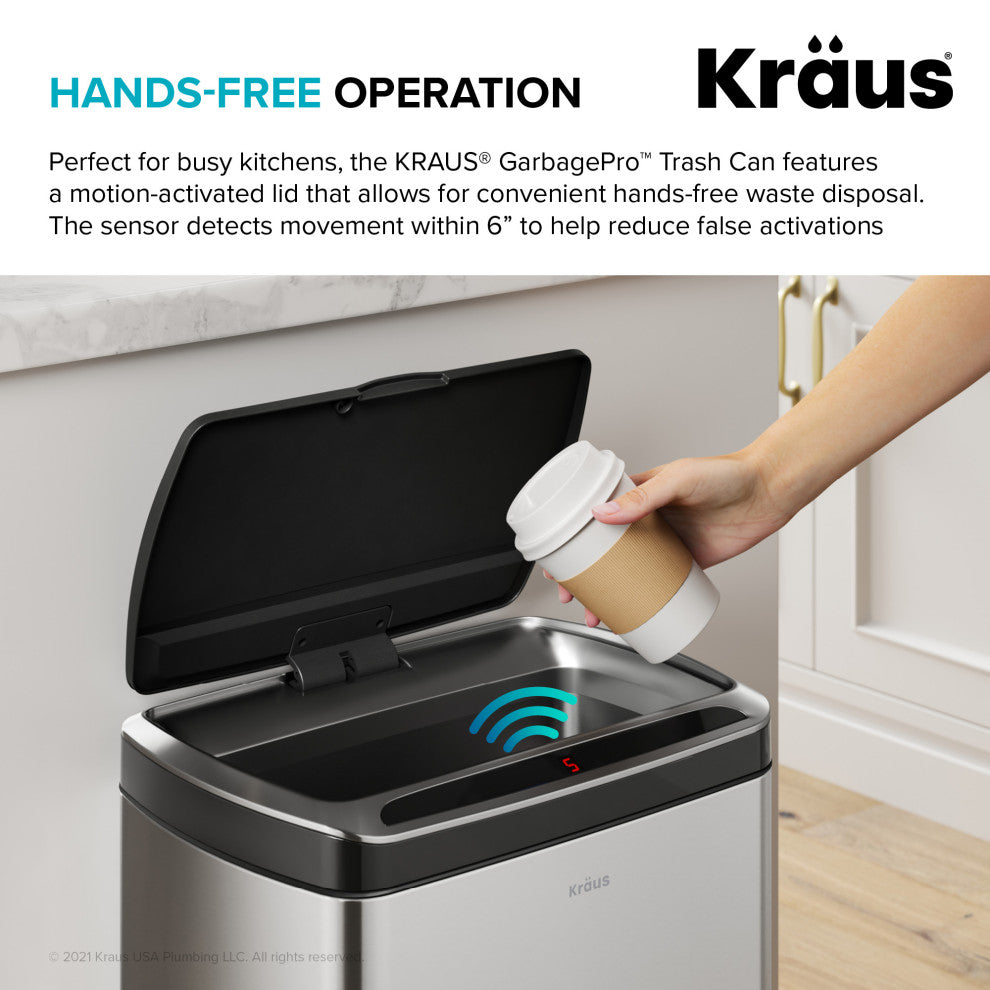GarbagePro Rectangular 13 Gal Touchless Motion Sensor Stainless Steel Trash Can