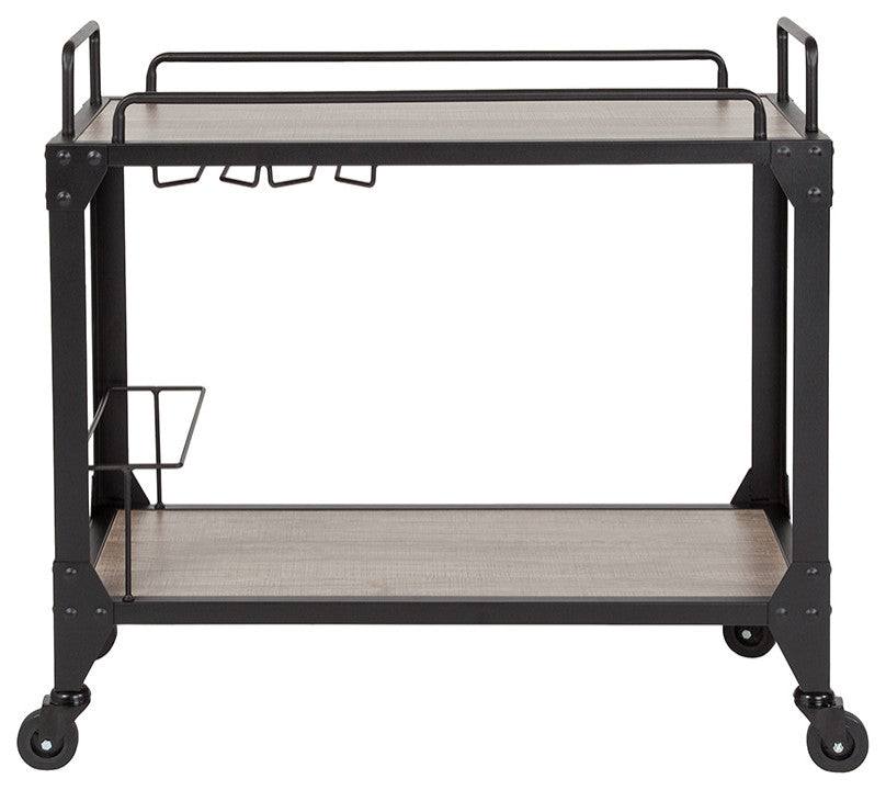 Light Oak Wood and Iron Kitchen Serving and Bar Cart With Wine Glass Holders