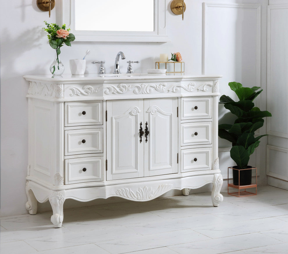 42" Single Bathroom Vanity, Antique White With Ivory White Engineered Marble, Antique White, 48