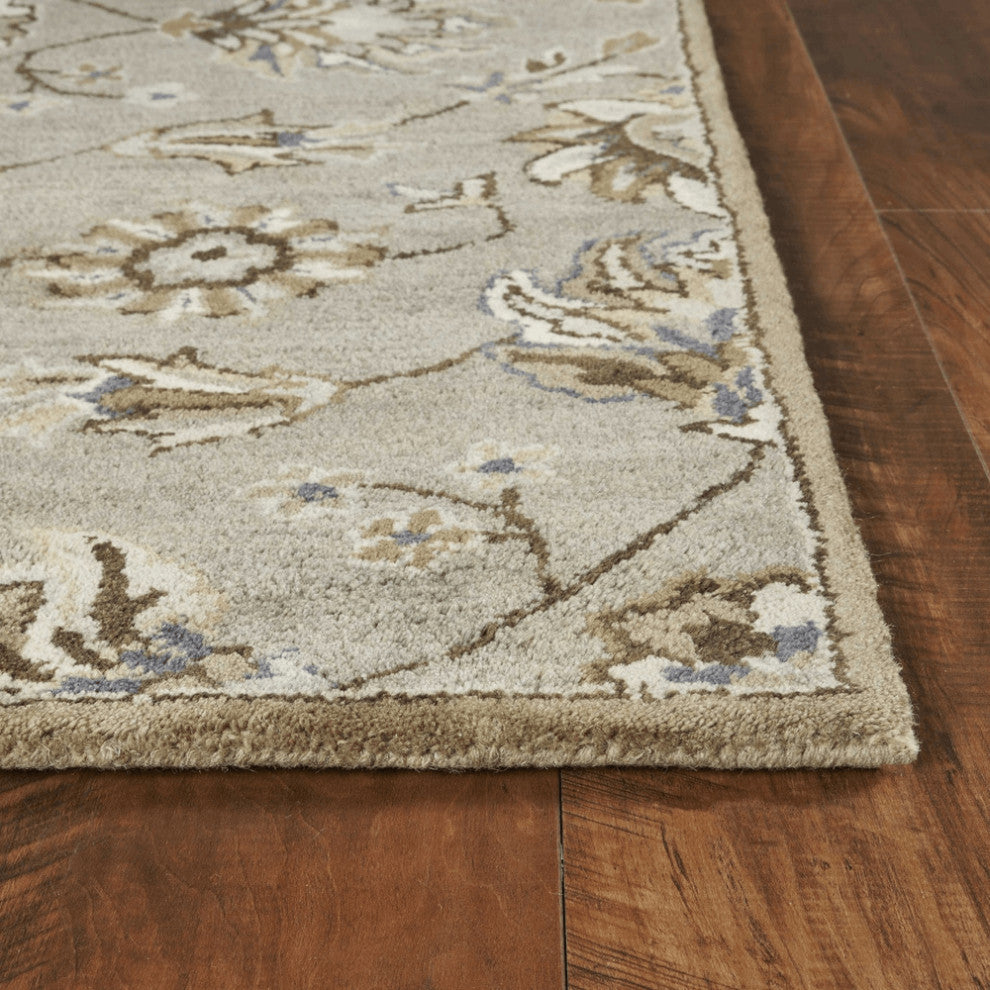 3' X 5' Grey Floral Vines Wool Area Rug