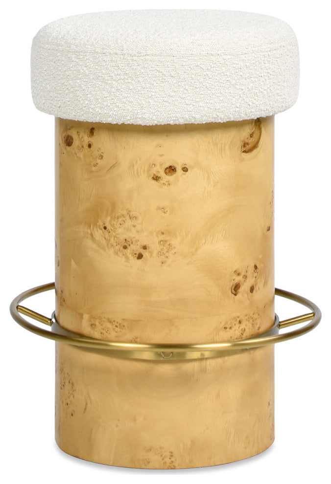Nebula 26" Backless Round Burl Wood Counter Stool, Ivory White Boucle