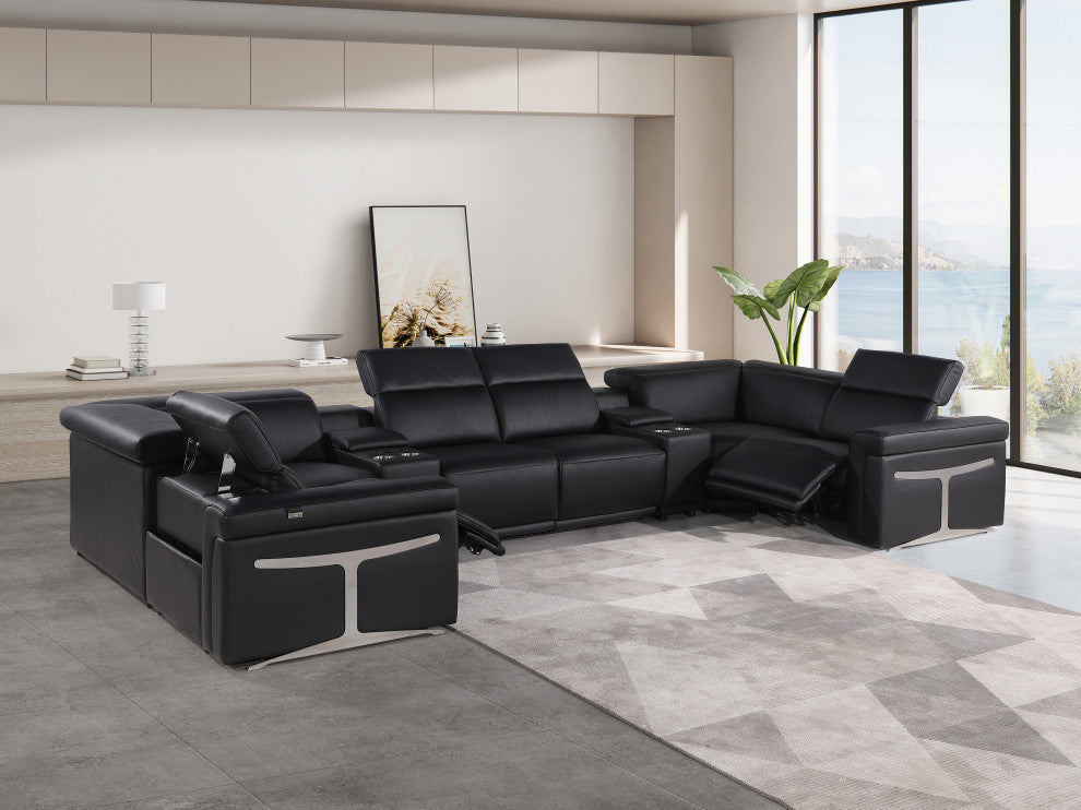 GIOVANNI 8-Piece 2-Power Reclining Italian Leather Sectional, Black