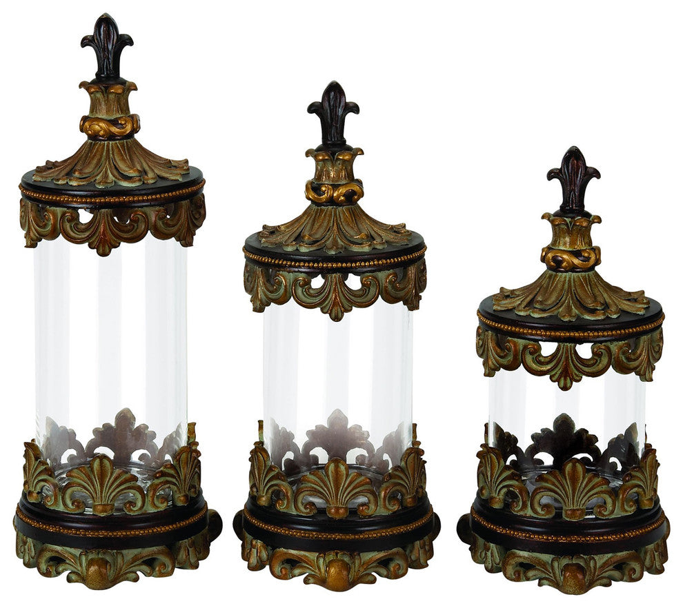 Urban Designs Fleur-De-Lis 3-Piece Glass Cylinder Canister Set, Antique Gold