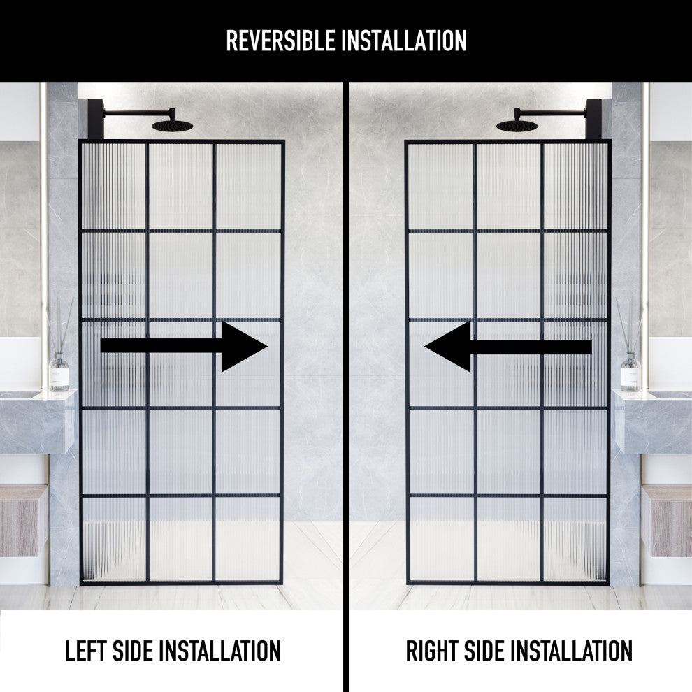 VIGO Mosaic Framed Fixed, Matte Black, Shower Screen, 34" W X 74" H, Fluted Glass
