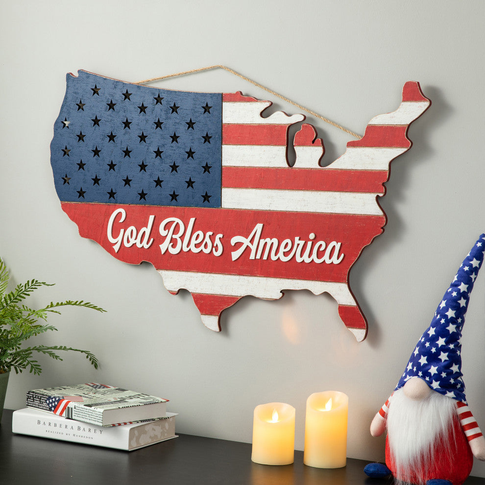32.25"L Wooden Patriotic America Map Wall Decor