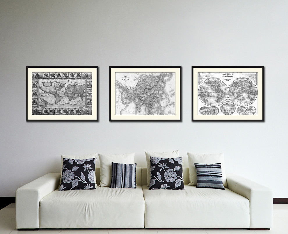 Asia Vintage Map Print On Canvas With Black Custom Frame, 16" X 21"