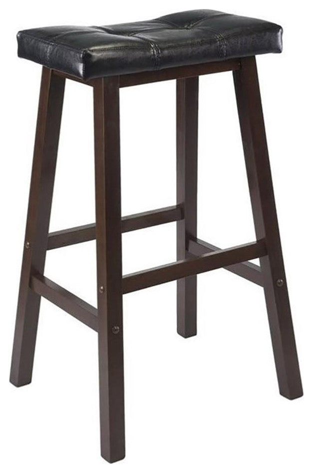 Pemberly Row 29.69" Solid Wood/Faux Leather Stool in Antique Walnut/Black