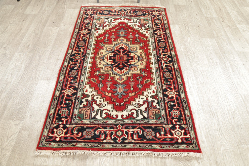 Hand-Knotted Oriental Traditional Indian Heriz Area Rug, Red, 5'1"x3'1