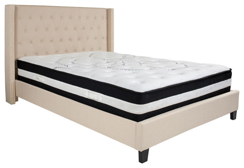 Riverdale Queen Tufted Platform Bed With Pocket Spring Mattress, Beige