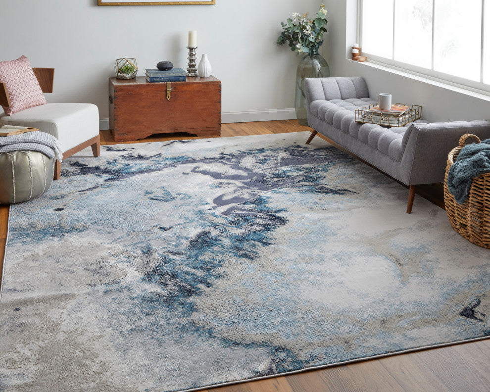 Oria Industrial Abstract Area Rug, Blue/Gray/Ivory, 8'x10'